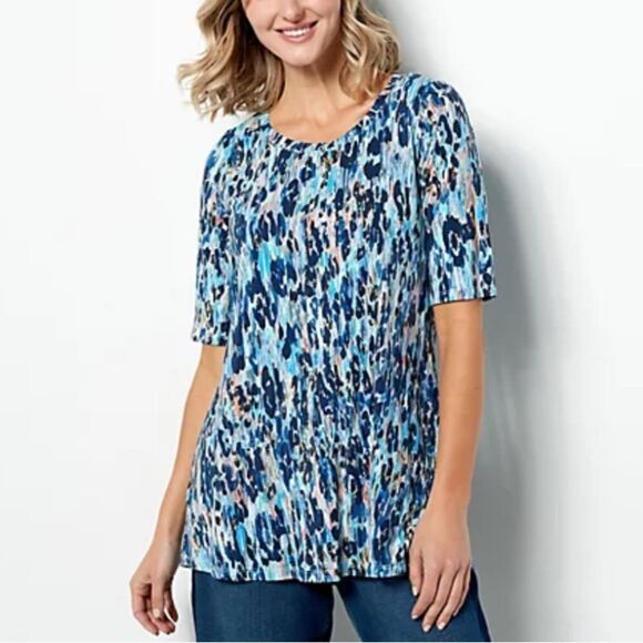 LOGO by Lori Goldstein Rayon 230 Animal Print Top Blue Depths - Picture 1 of 5